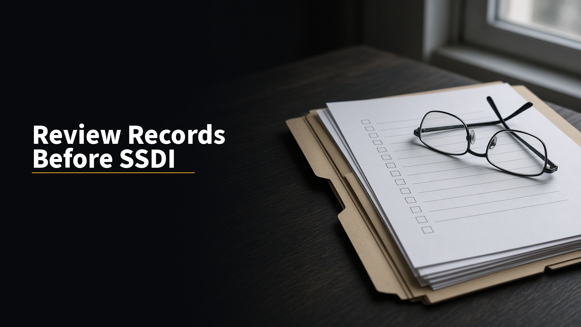 Review Records Before SSDI. Folder, checklist, and glasses on a clean desk in soft daylight.