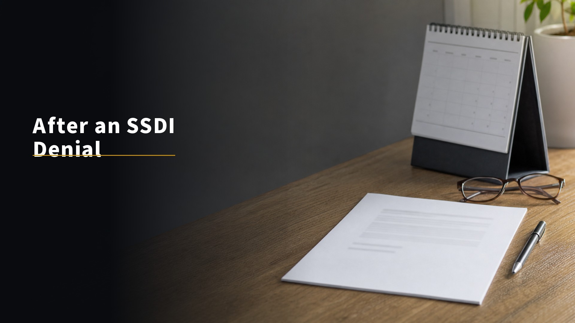 After an SSDI Denial. Denial notice and calendar on a clean desk in soft daylight.