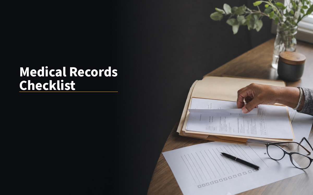 Medical Records Checklist. Folder and checklist on a clean desk in soft daylight.