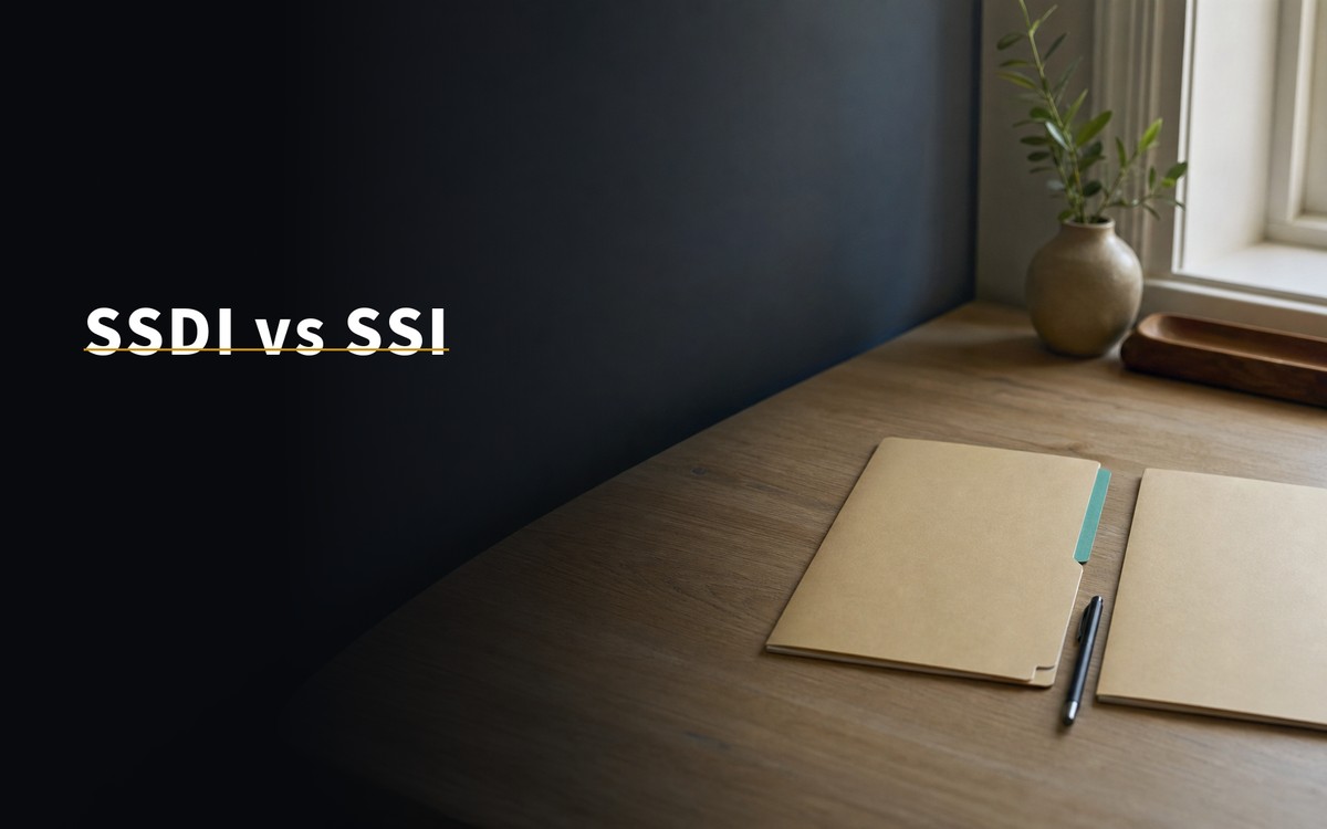 SSDI vs SSI. Two labeled folders for work-history insurance and needs-based SSI on a clean desk in soft daylight.