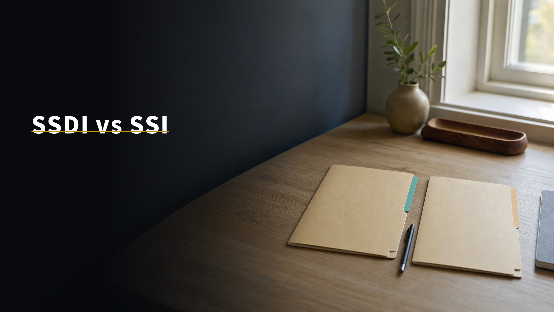 SSDI vs SSI. Two labeled folders for work-history insurance and needs-based SSI on a clean desk in soft daylight.